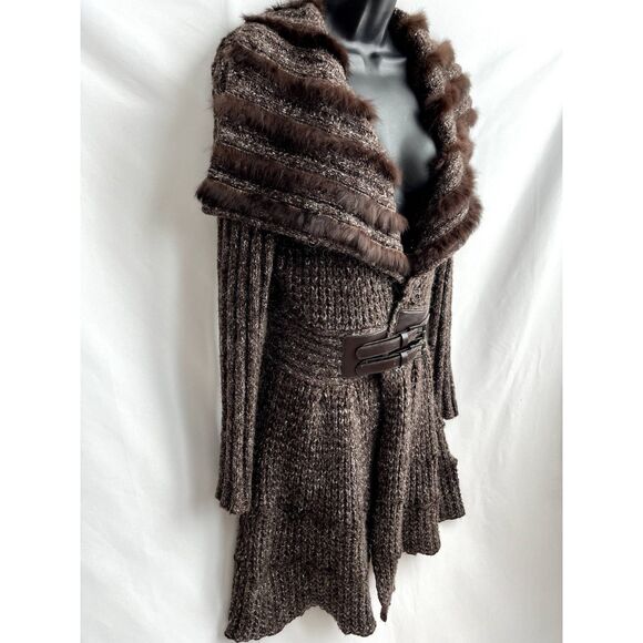 Carina Y2K Mohair Wool Cardigan Sweater Fur Collar Belted Knit Brown 90s Size M - Picture 3 of 11